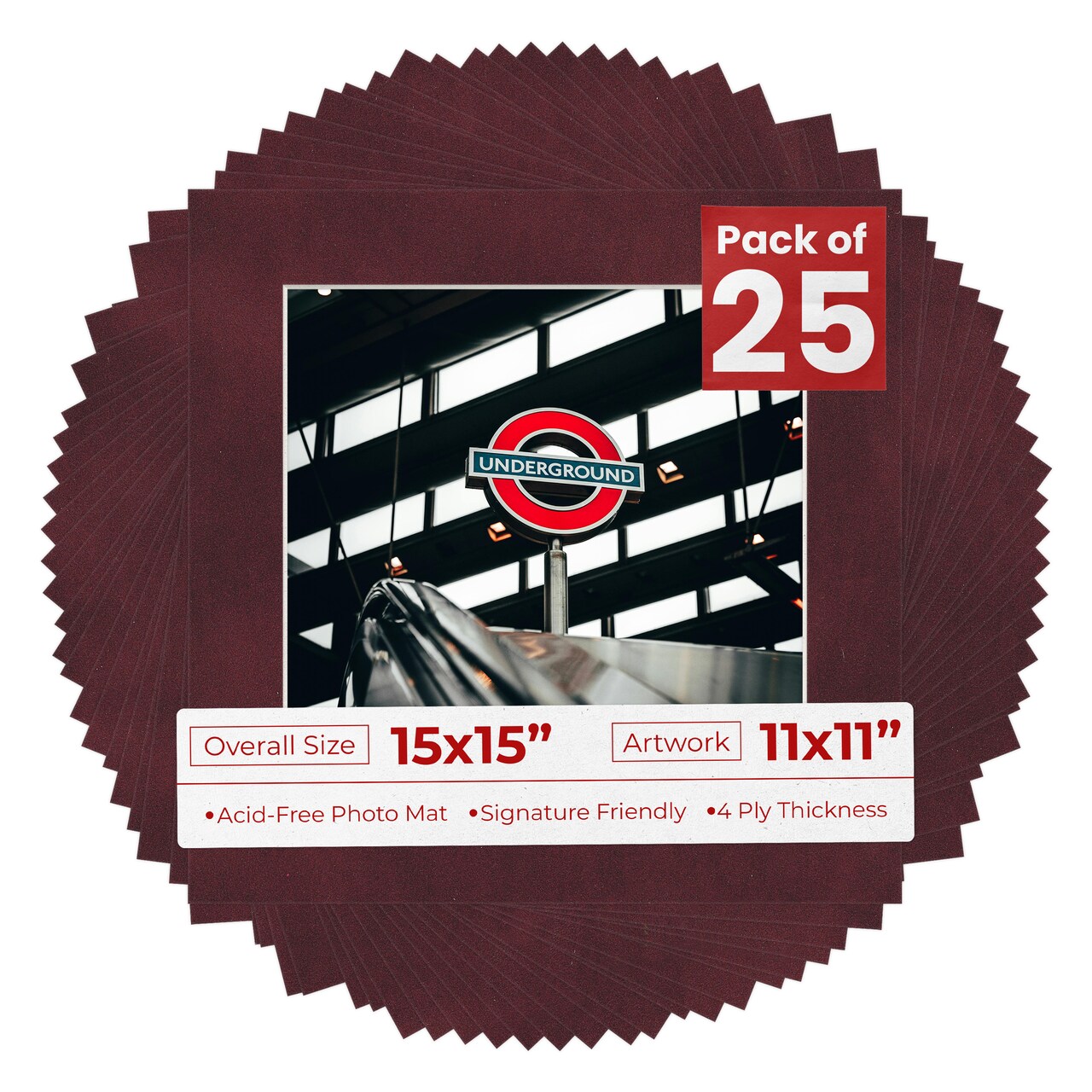 Dark Red Suede Mat Board for 15x15 Frames - Fits 11x11 Photos